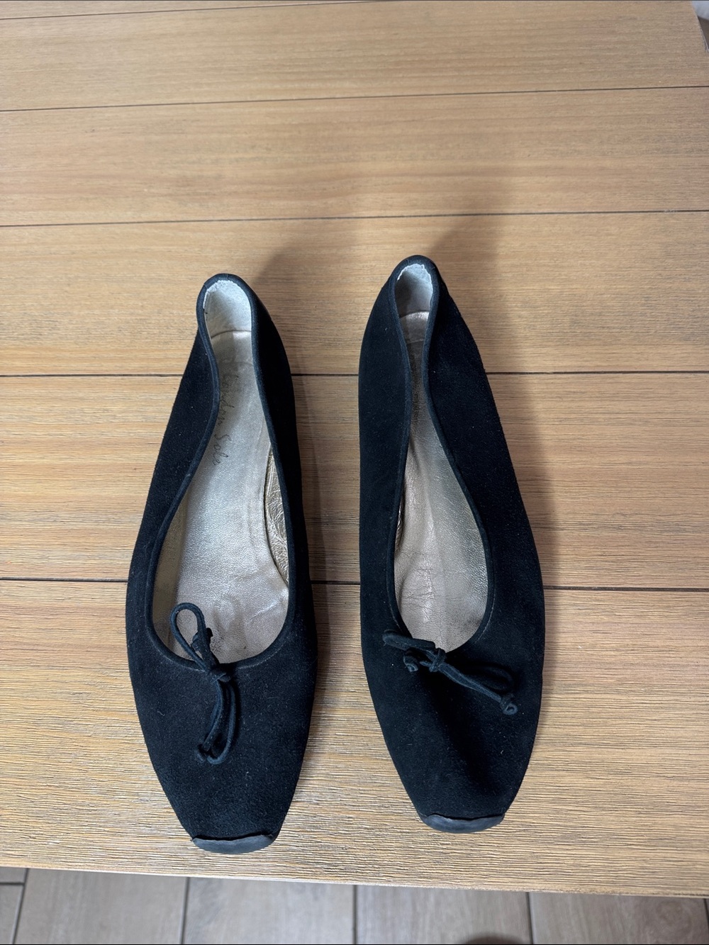 London Sole Black Suede Ballet Flats Square Toe Bow Made in Italy EU 41.5